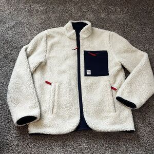Topo Designs Reversible Sherpa Jacket Mens Small Cream Navy Blue Full Zip